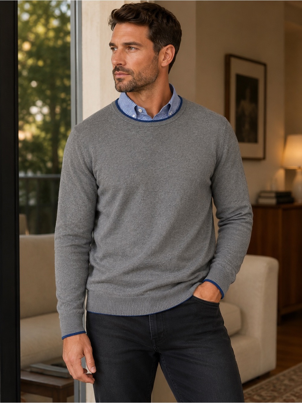 Tailorbyrd Men's Grey Crewneck Sweater with Blue Trim